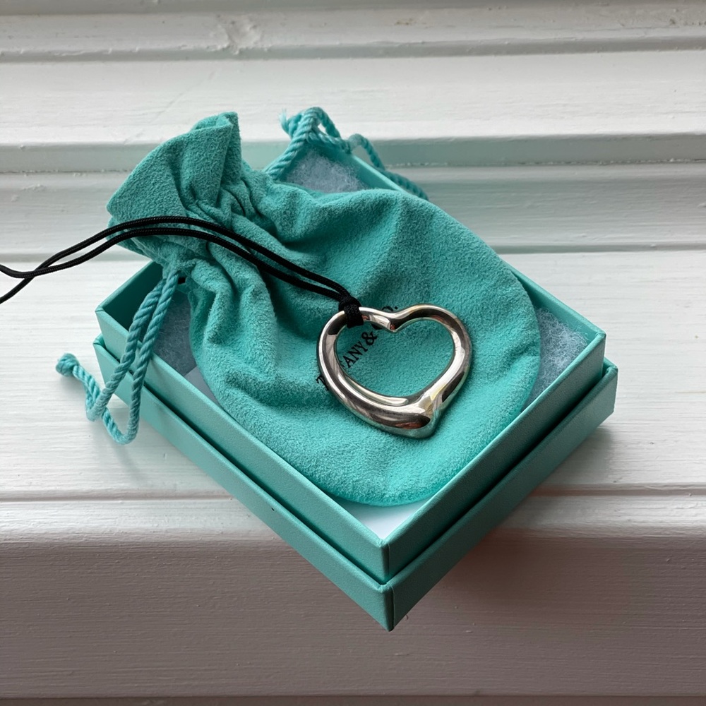 Tiffany & Co. Elsa Peretti Large Open Heart Black Cord Necklace